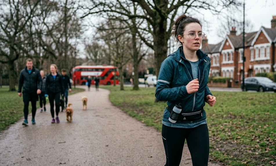 Woman jogging in a park with people walking dogs and a red double-decker bus in the background