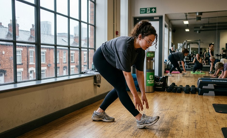Woman stretching in a gym next to large windows, with exercise equipment and people in the background