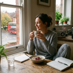 Woman enjoying a cup of tea and breakfast while looking out of a kitchen window at a London street scene