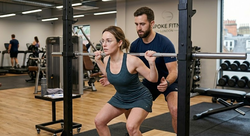 Woman performing barbell squats with a trainer at a London gym for strength training and fitness guidance
