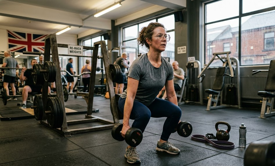 Person lifting weights in a busy gym, framed by equipment and a Union Jack flag hanging in the background