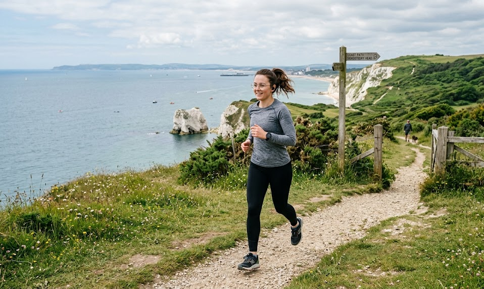 Woman jogging along coastal path near cliffs, ocean view, green landscape, Isle of Wight scenery, outdoor fitness activity