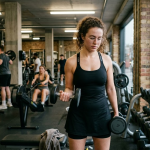 Woman lifting dumbbell in busy gym near window, London street view with red bus in background