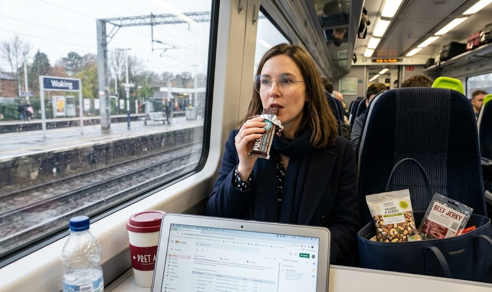 Woman drinking on a train, laptop open, snacks in bag, approaching Woking station on a rainy day