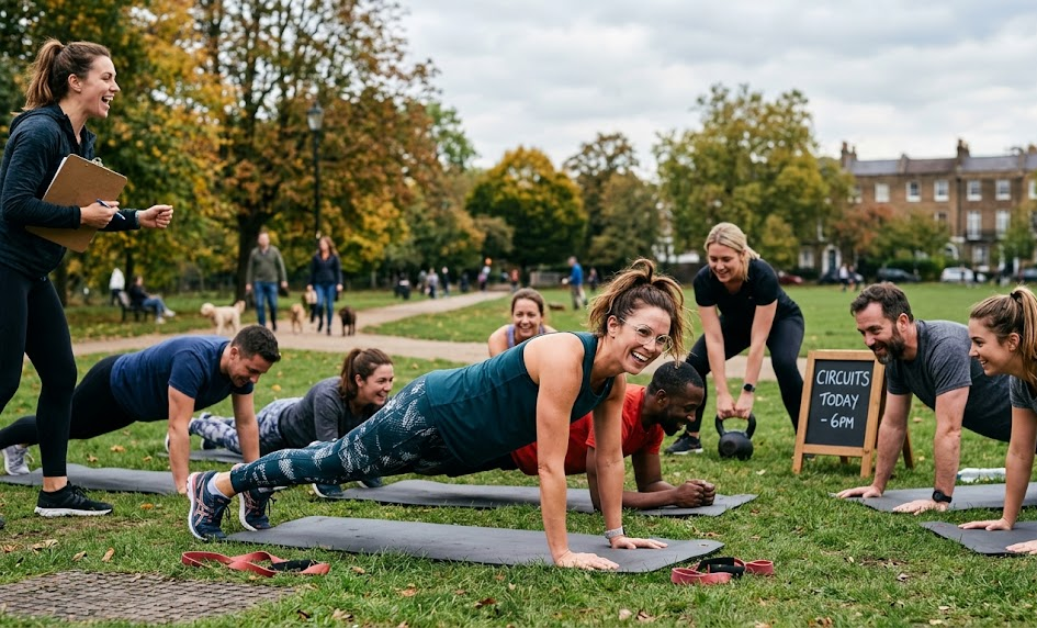 Group outdoor fitness class enjoying circuit training in a park amidst autumn trees, led by an enthusiastic instructor