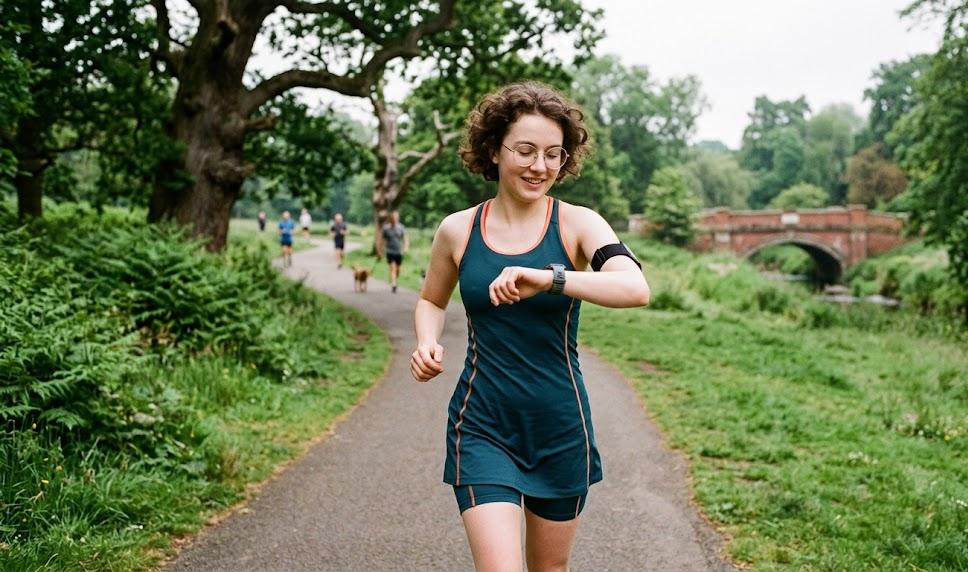 Woman jogging in a park checks her smartwatch, surrounded by lush greenery and a historic brick bridge in the background
