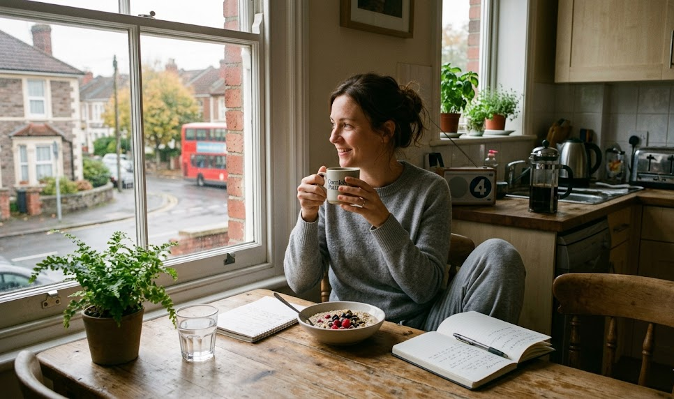 Woman enjoying a cup of tea and breakfast while looking out of a kitchen window at a London street scene