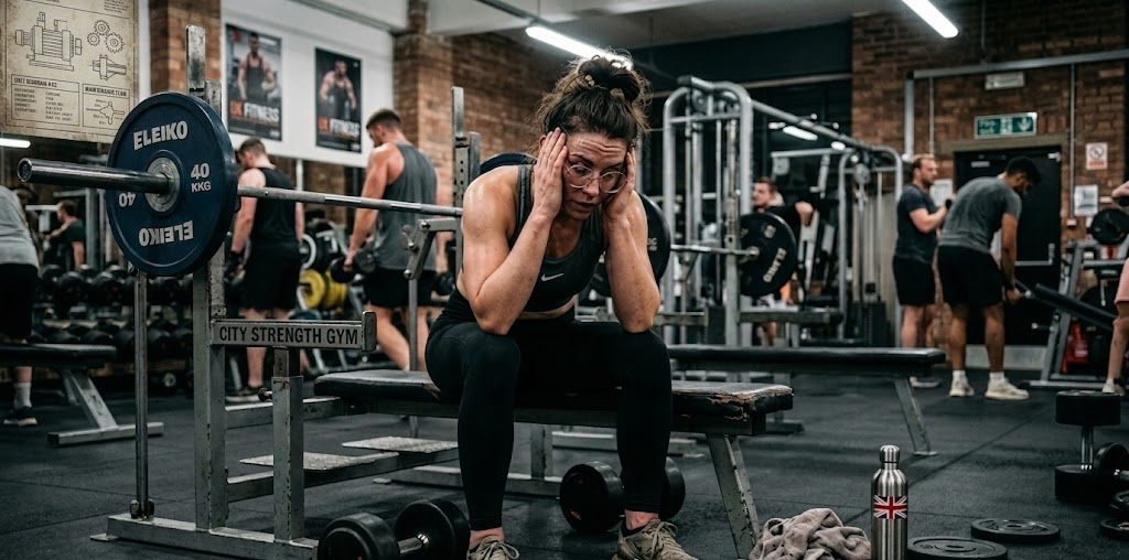 Woman resting on gym bench surrounded by weights, looking tired after workout at City Strength Gym, people exercising nearby
