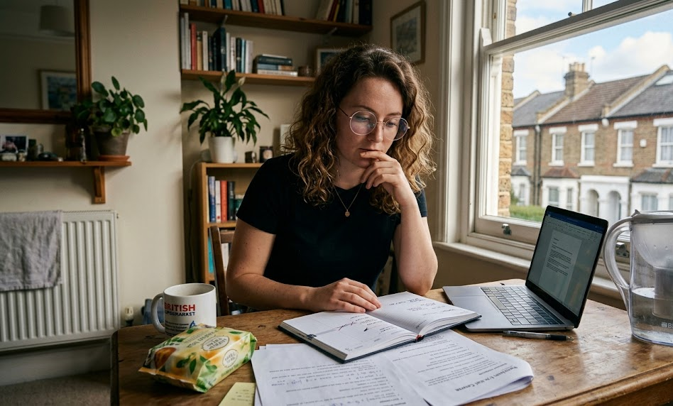 Woman studying with laptop and notes at home in a cosy room, focusing thoughtfully by a window with a suburban view