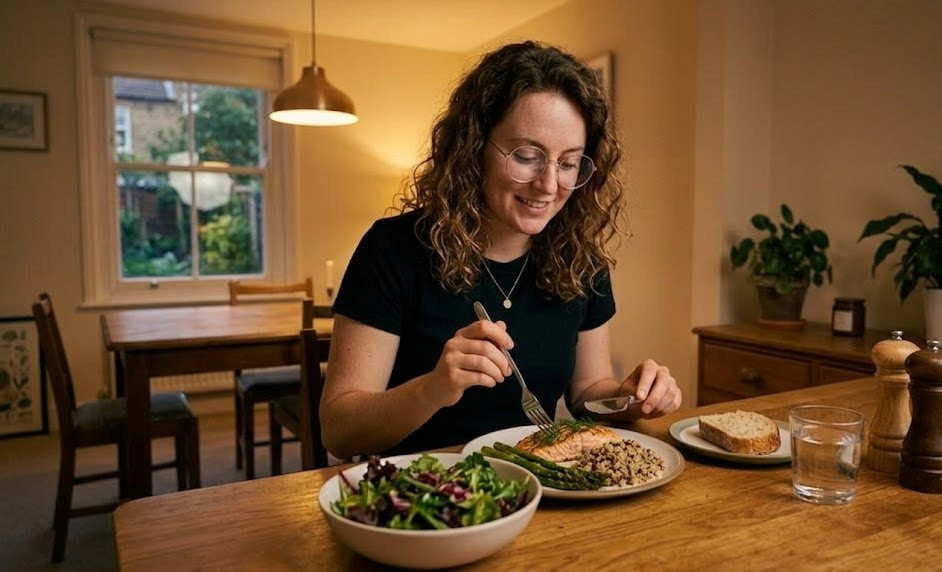 Woman enjoying a healthy meal with salmon and vegetables at a cosy dining table with salad on the side