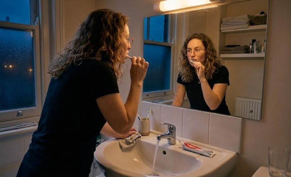 Person brushing teeth in bathroom at night, looking in mirror, toothpaste tube on sink, running tap water